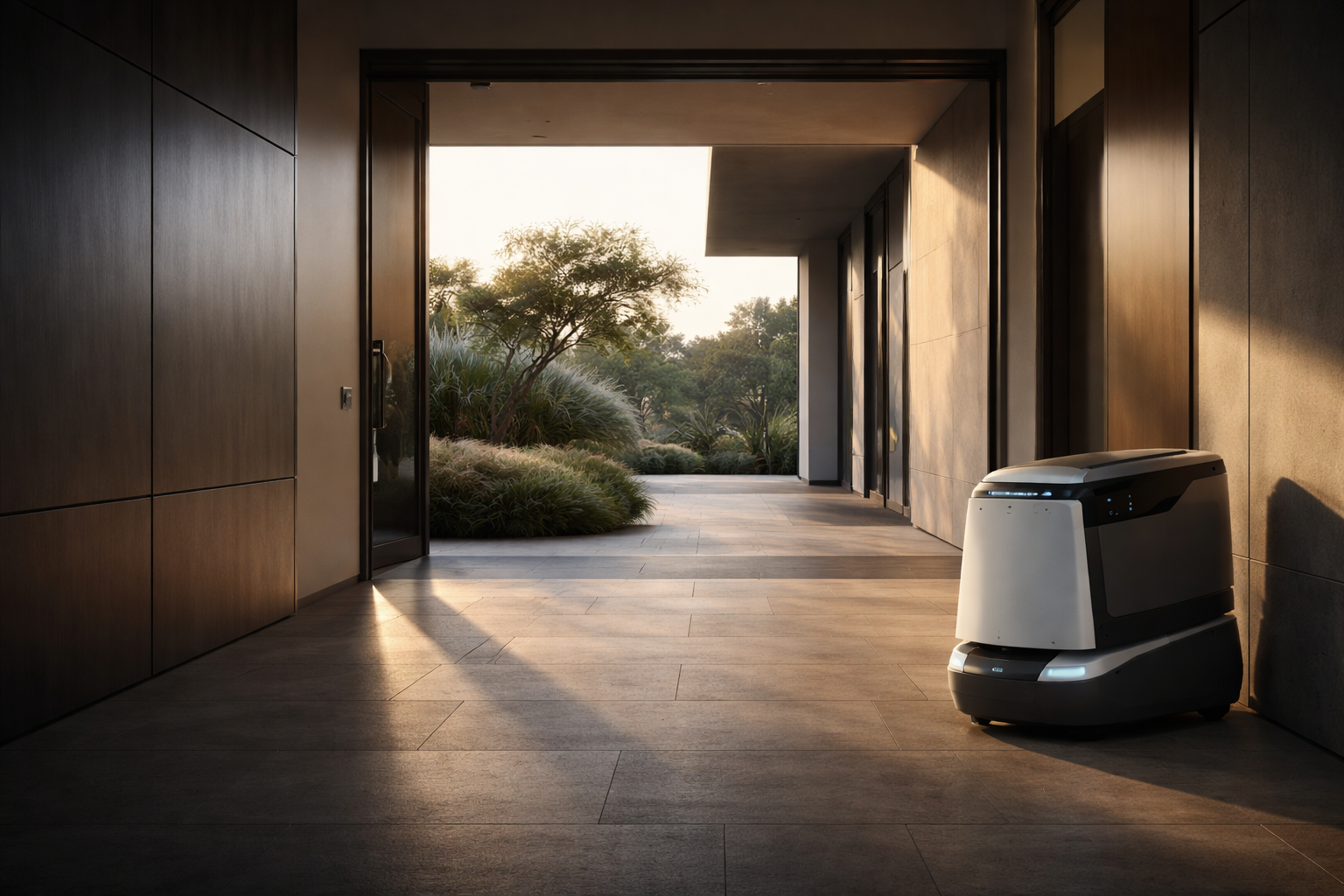 A refined residential threshold at dawn with understated autonomous service presence